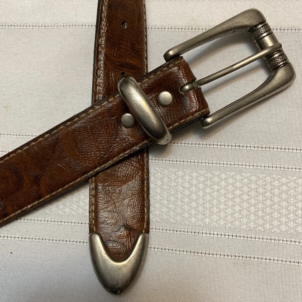 Brown Animal Print Womens Belt With Pewter Colored Buckle & Tip EUC size 30